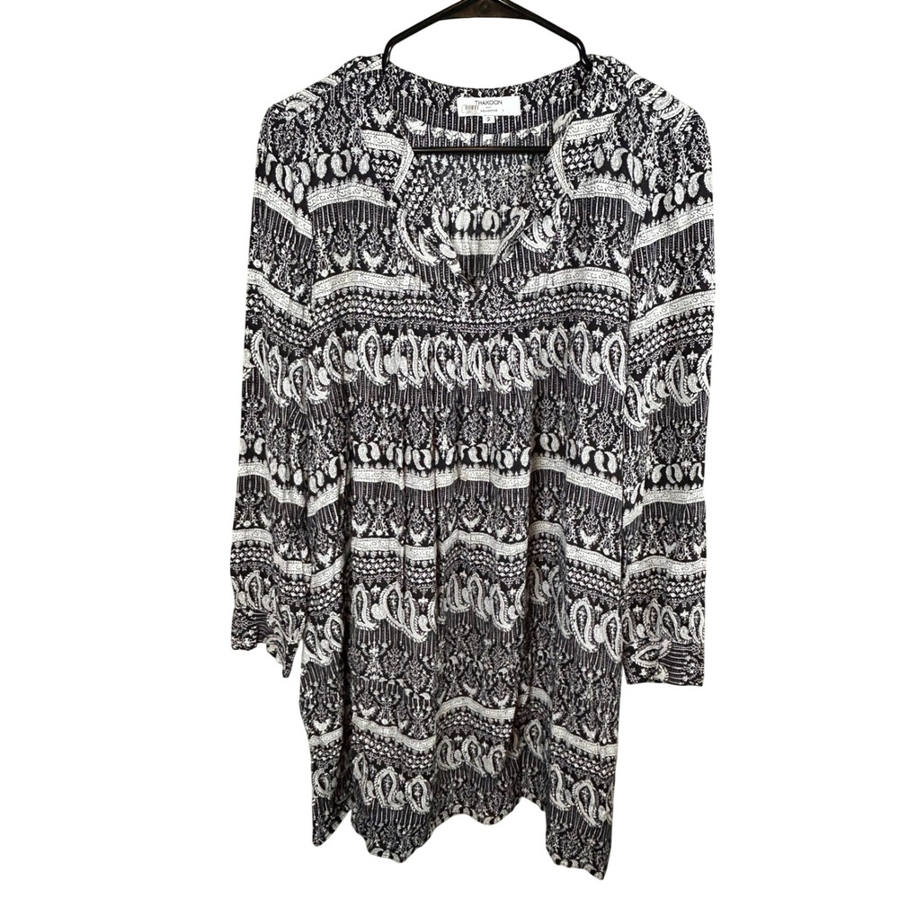 Thakoon Collective Tunic Top Women's 2 Black White Paisley Boho Rayon V-Neck